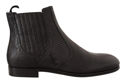 Dolce & Gabbana Elegant Black Leather Lizard Skin Derby Boots Dolce & Gabbana