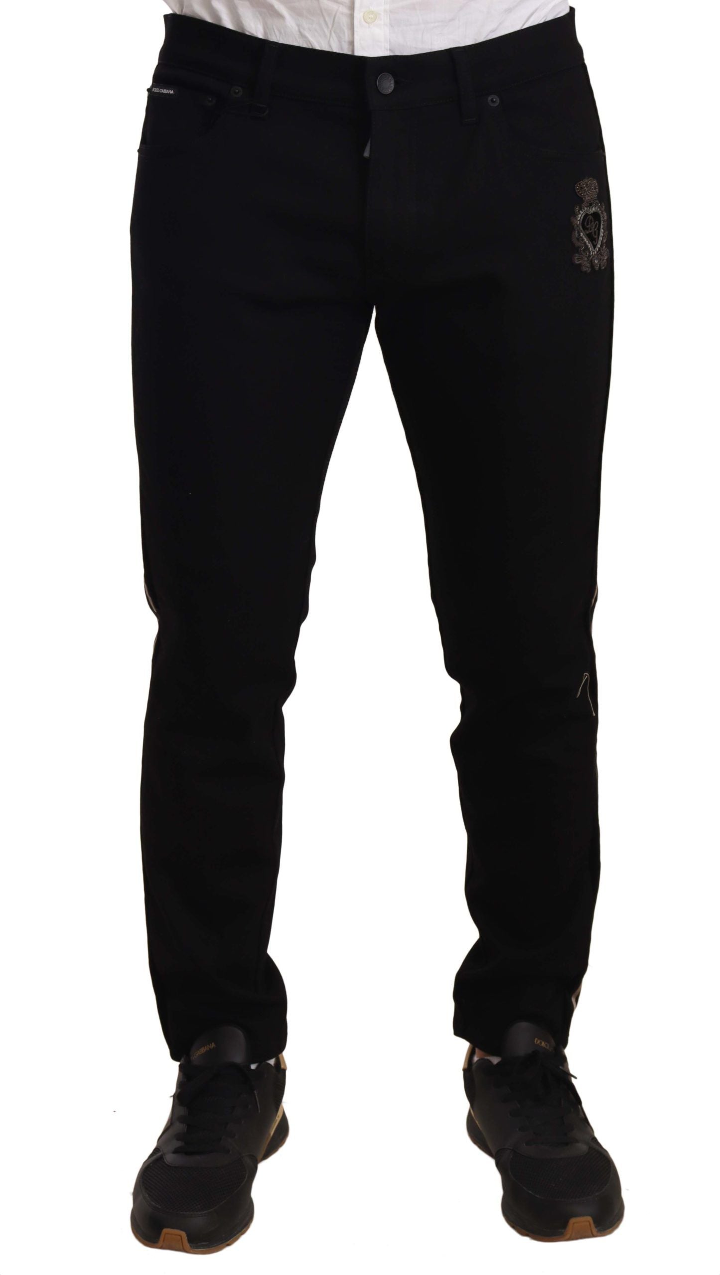 Dolce & Gabbana Heraldic Embroidered Slim Fit Black Jeans Dolce & Gabbana