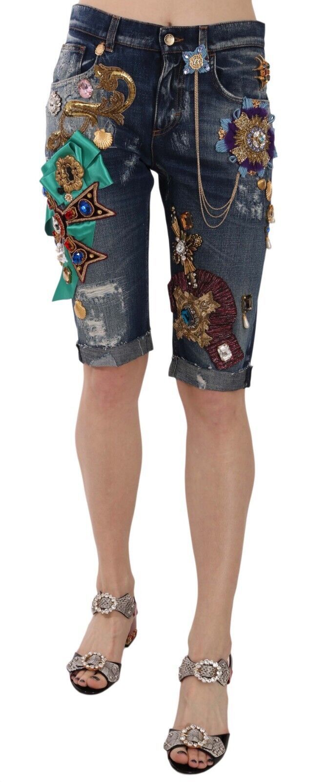 Dolce & Gabbana Elegant Knee-Length Embellished Denim Shorts Dolce & Gabbana