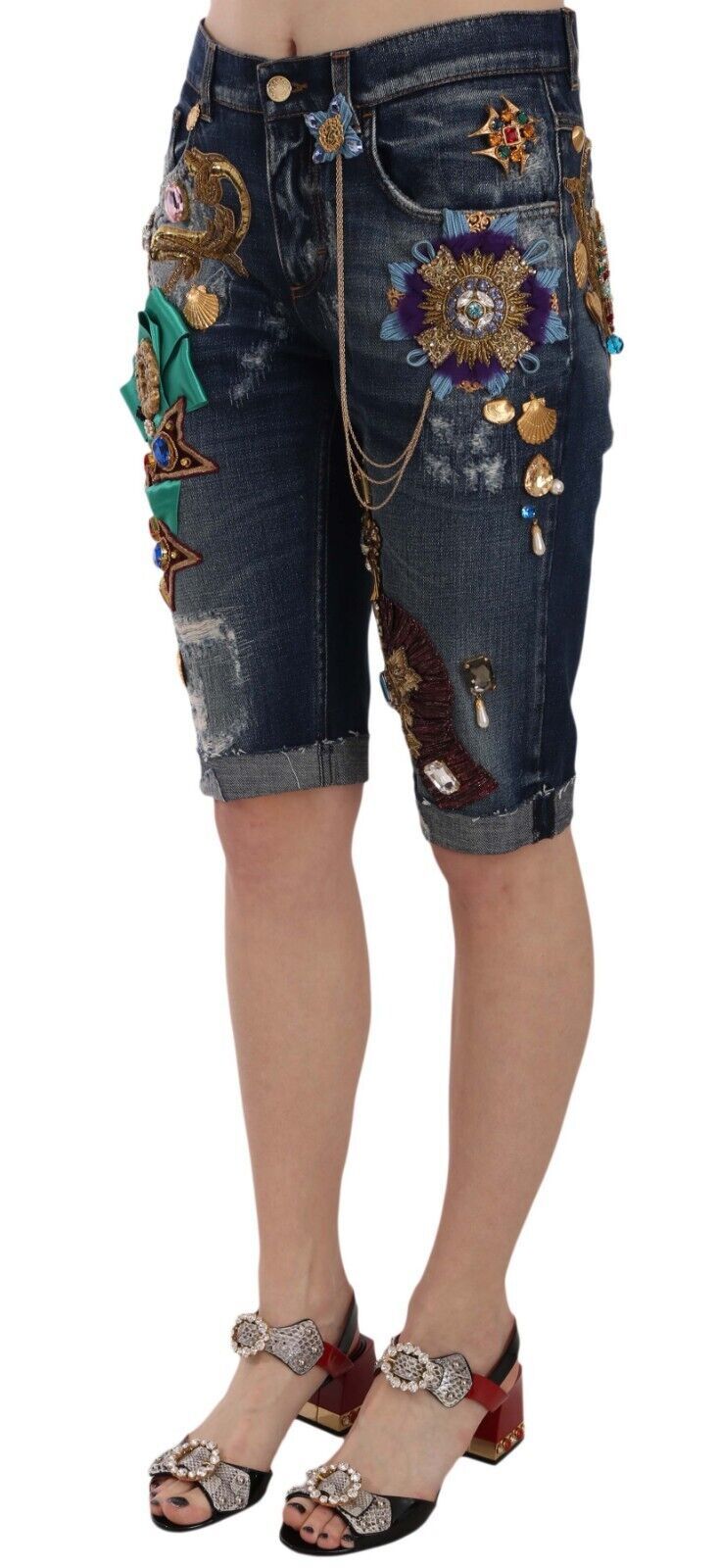 Dolce & Gabbana Elegant Knee-Length Embellished Denim Shorts Dolce & Gabbana