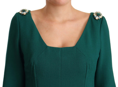 Dolce & Gabbana Emerald Green Midi Sheath Dress with Crystal Brooch Dolce & Gabbana