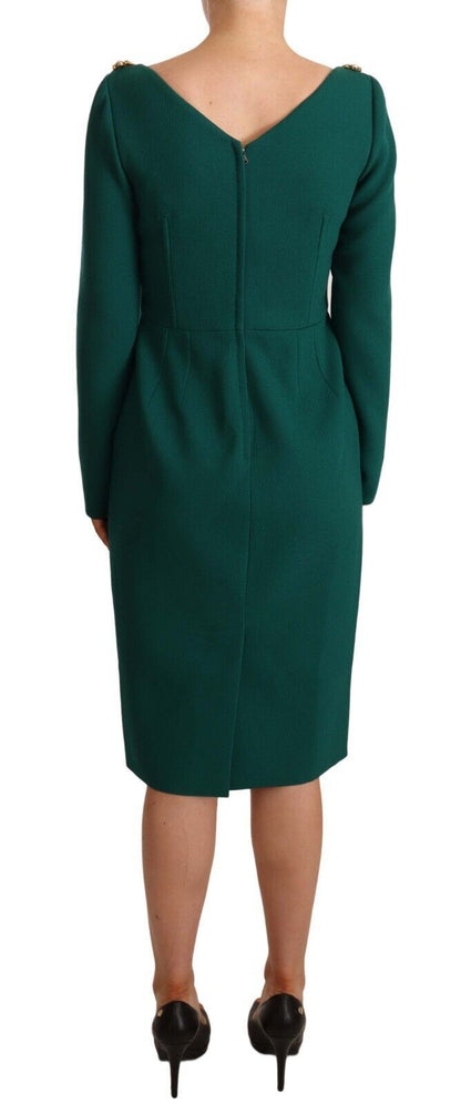 Dolce & Gabbana Emerald Green Midi Sheath Dress with Crystal Brooch Dolce & Gabbana