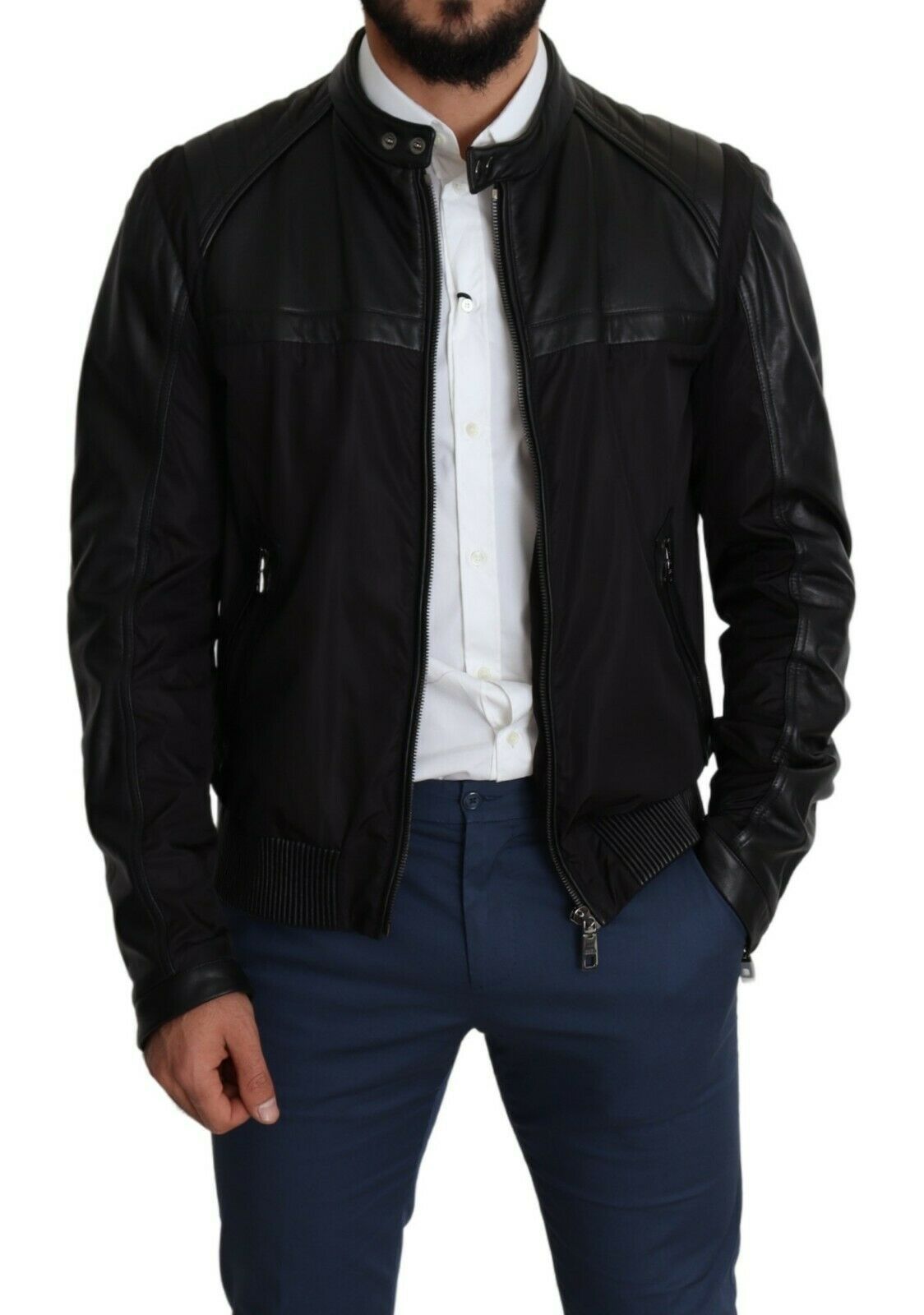 Dolce & Gabbana Elegant Black Bomber with Leather Accents Dolce & Gabbana