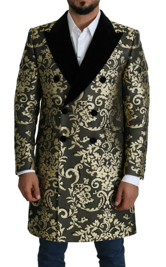 Dolce & Gabbana Gold Black Sicilia Jacquard Double-Breasted Coat Dolce & Gabbana