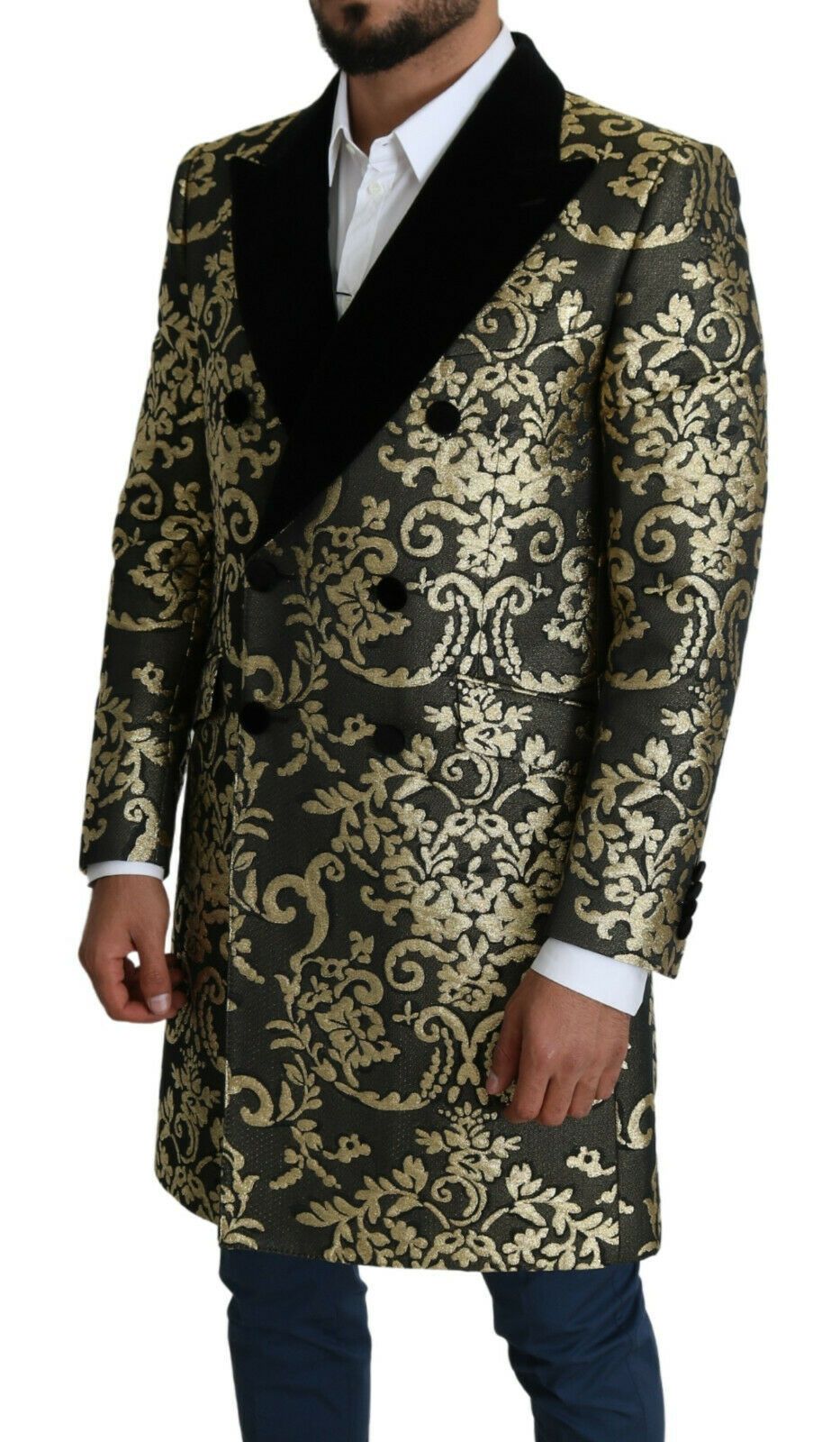 Dolce & Gabbana Gold Black Sicilia Jacquard Double-Breasted Coat Dolce & Gabbana