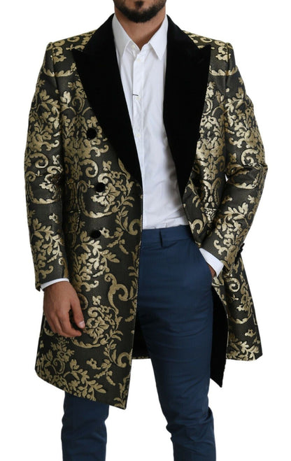 Dolce & Gabbana Gold Black Sicilia Jacquard Double-Breasted Coat Dolce & Gabbana