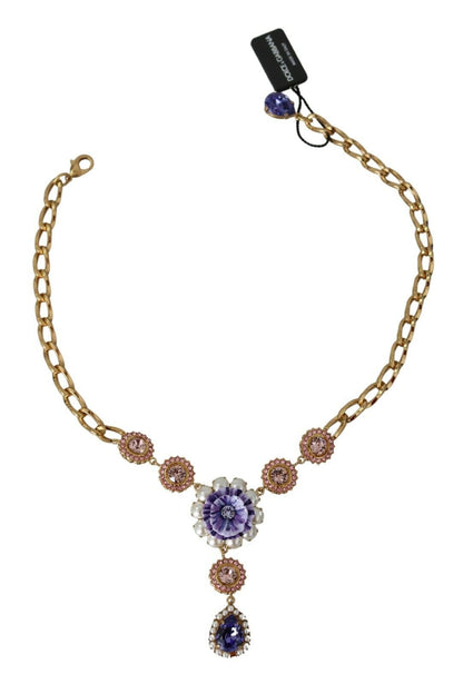 Dolce & Gabbana Elegant Gold Crystal Floral Charm Necklace Dolce & Gabbana