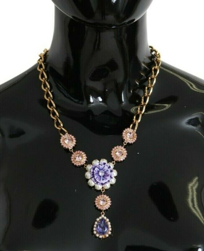 Dolce & Gabbana Elegant Gold Crystal Floral Charm Necklace Dolce & Gabbana