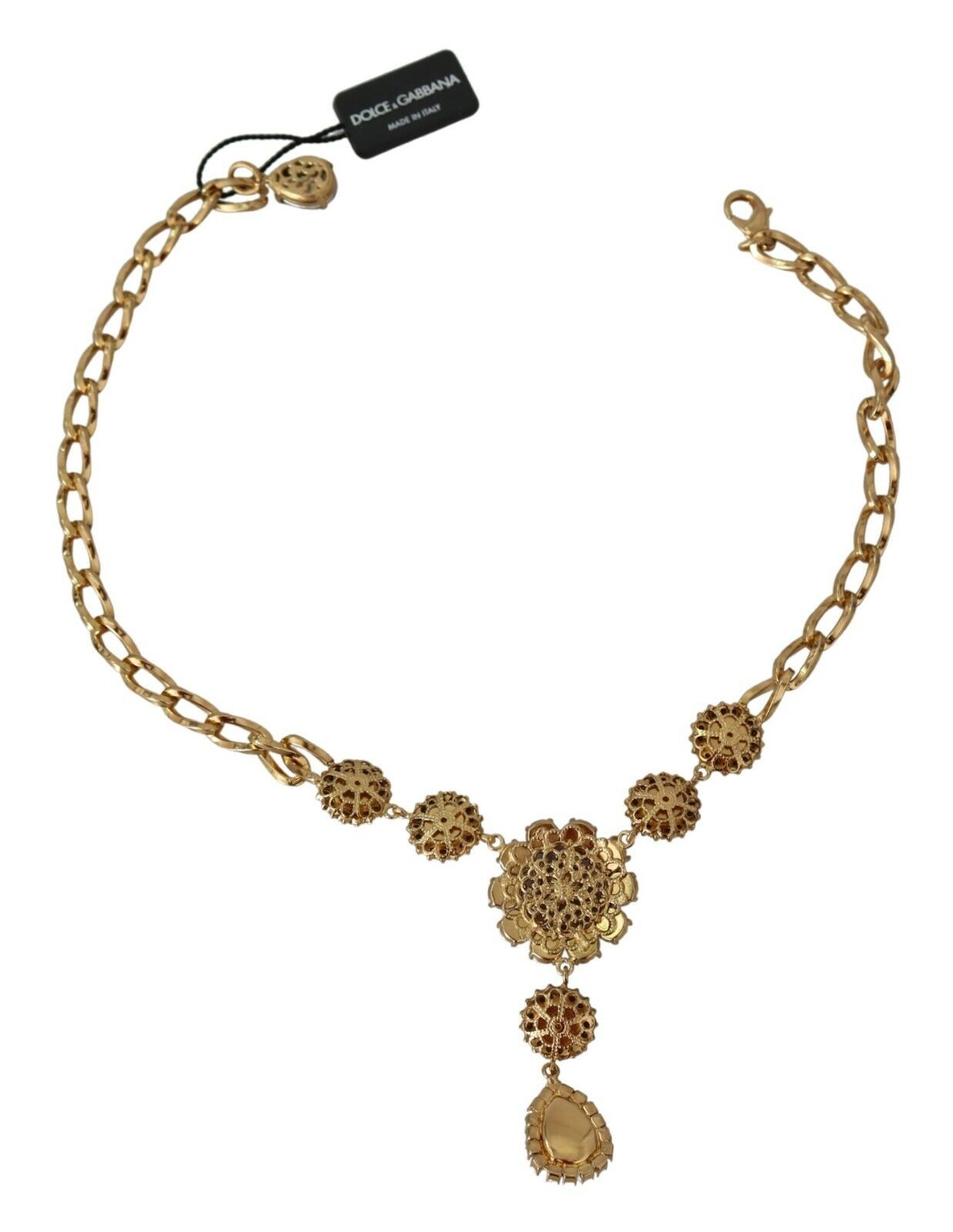 Dolce & Gabbana Elegant Gold Crystal Floral Charm Necklace Dolce & Gabbana