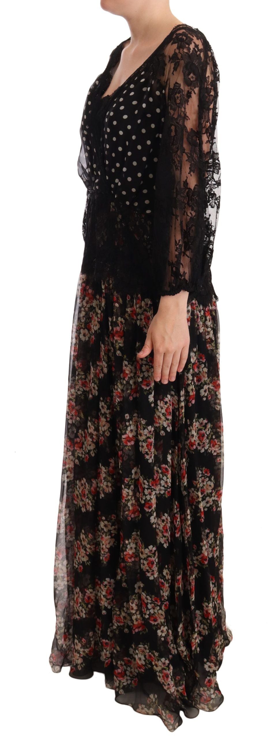 Dolce & Gabbana Elegant Lace Floral Maxi Dress with Polka Dots Dolce & Gabbana