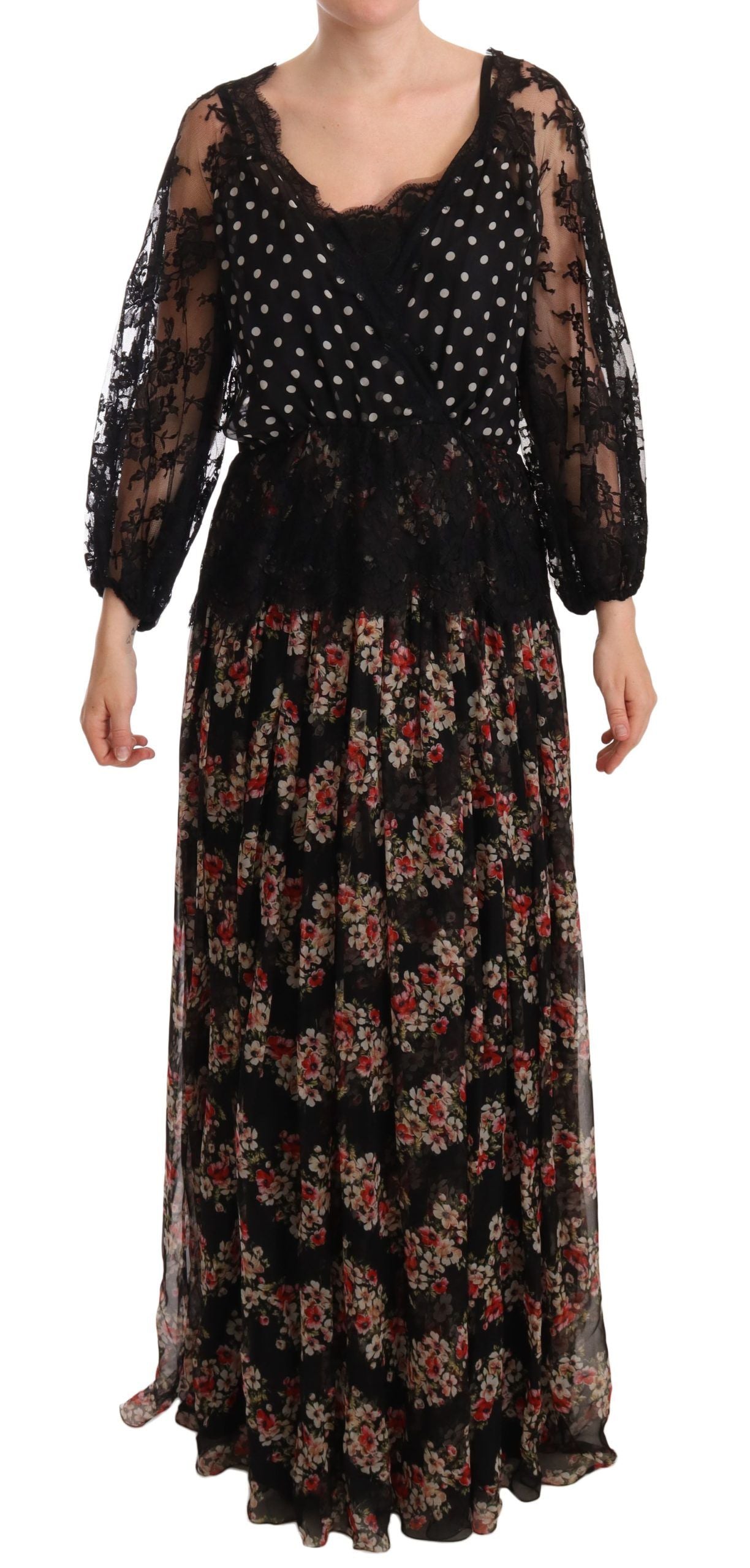 Dolce & Gabbana Elegant Lace Floral Maxi Dress with Polka Dots Dolce & Gabbana