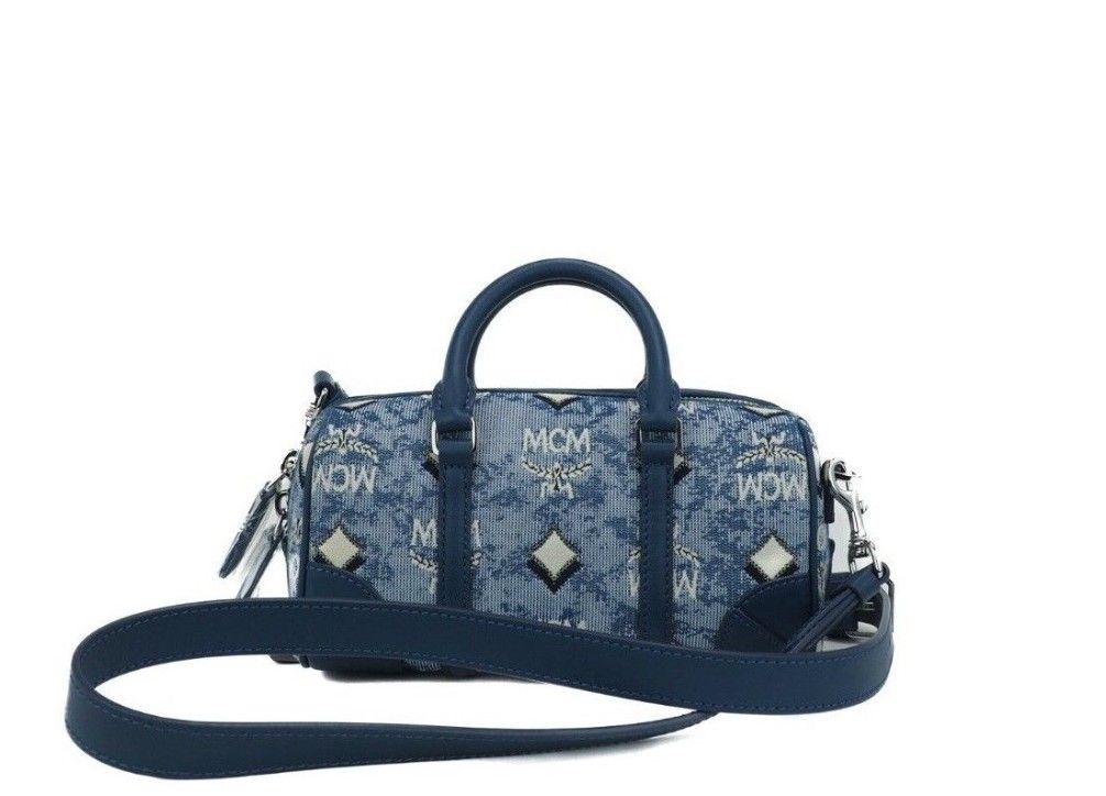 MCM Boston Mini Blue Vintage Jacquard Logo Fabric Satchel Crossbody Handbag MCM