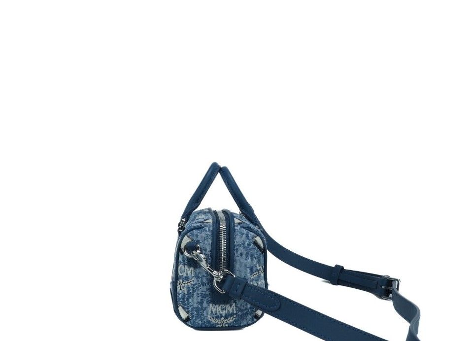 MCM Boston Mini Blue Vintage Jacquard Logo Fabric Satchel Crossbody Handbag MCM