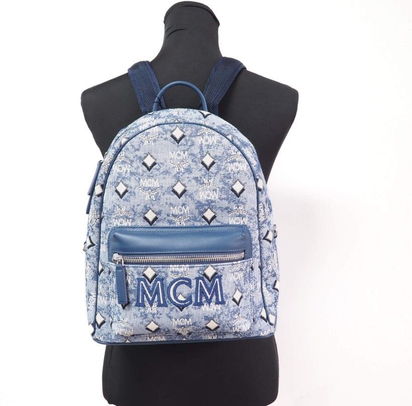 MCM Stark Small Blue Vintage Jacquard Monogram Logo Fabric Backpack Bookbag MCM