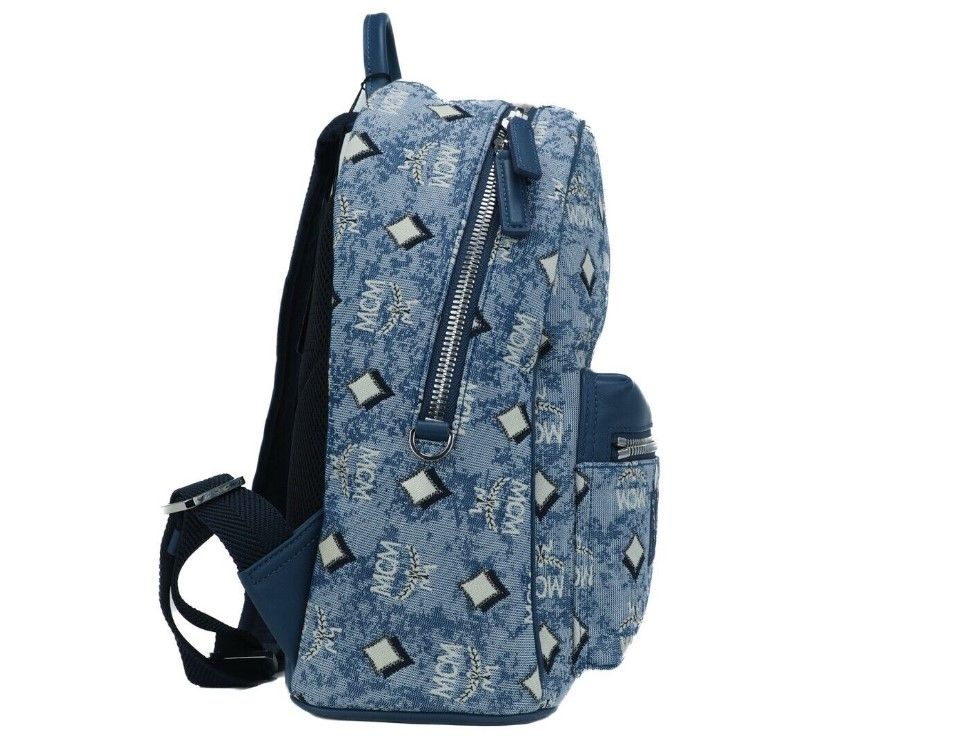 MCM Stark Small Blue Vintage Jacquard Monogram Logo Fabric Backpack Bookbag MCM