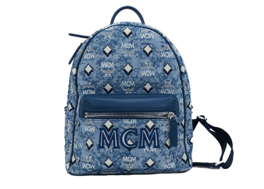 MCM Stark Small Blue Vintage Jacquard Monogram Logo Fabric Backpack Bookbag MCM