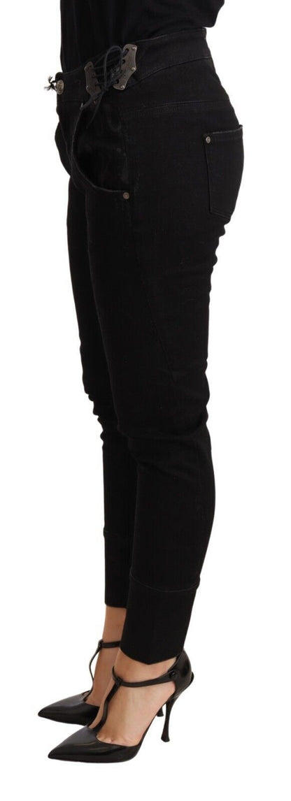 Ermanno Scervino Chic Low Waist Skinny Black Cotton Trousers Ermanno Scervino