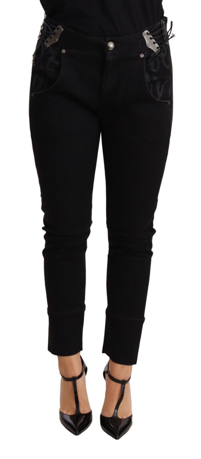 Ermanno Scervino Chic Low Waist Skinny Black Cotton Trousers Ermanno Scervino