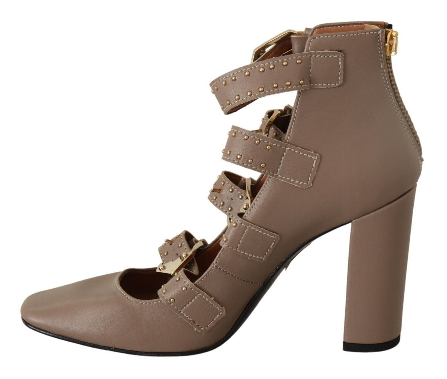 MY TWIN Elegant Leather Multi-Buckle Heels in Brown MY TWIN