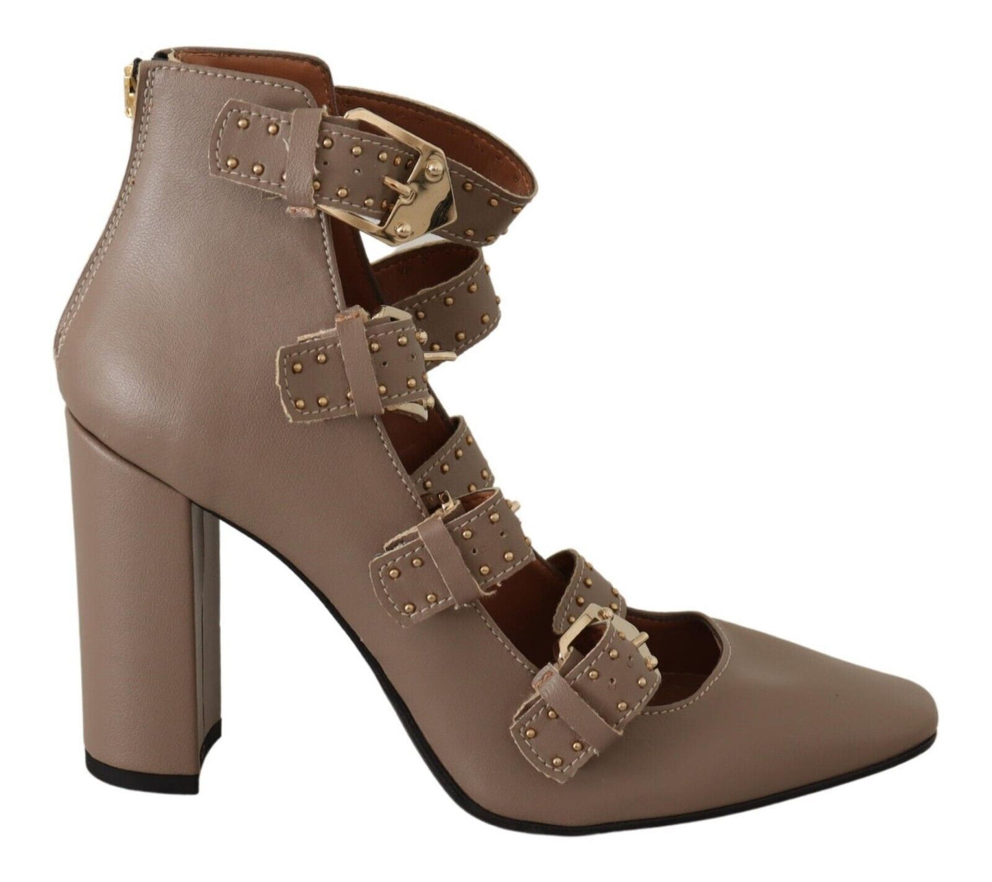 MY TWIN Elegant Leather Multi-Buckle Heels in Brown MY TWIN