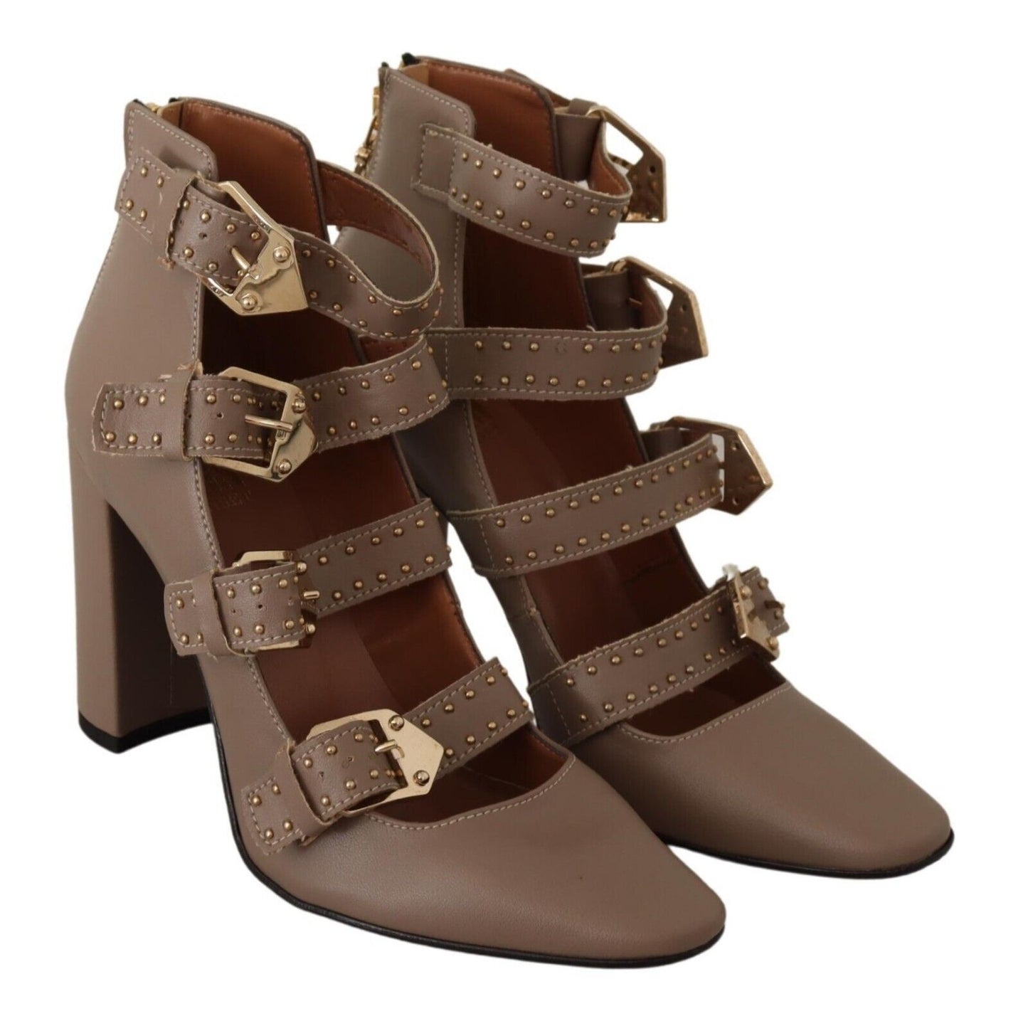 MY TWIN Elegant Leather Multi-Buckle Heels in Brown MY TWIN