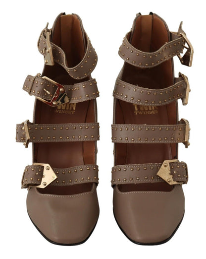 MY TWIN Elegant Leather Multi-Buckle Heels in Brown MY TWIN