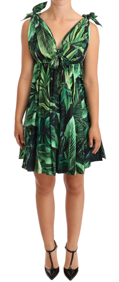 Dolce & Gabbana Elegant Flared Mini A-Line Dress in Green Leaf Print Dolce & Gabbana