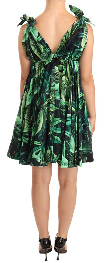 Dolce & Gabbana Elegant Flared Mini A-Line Dress in Green Leaf Print Dolce & Gabbana