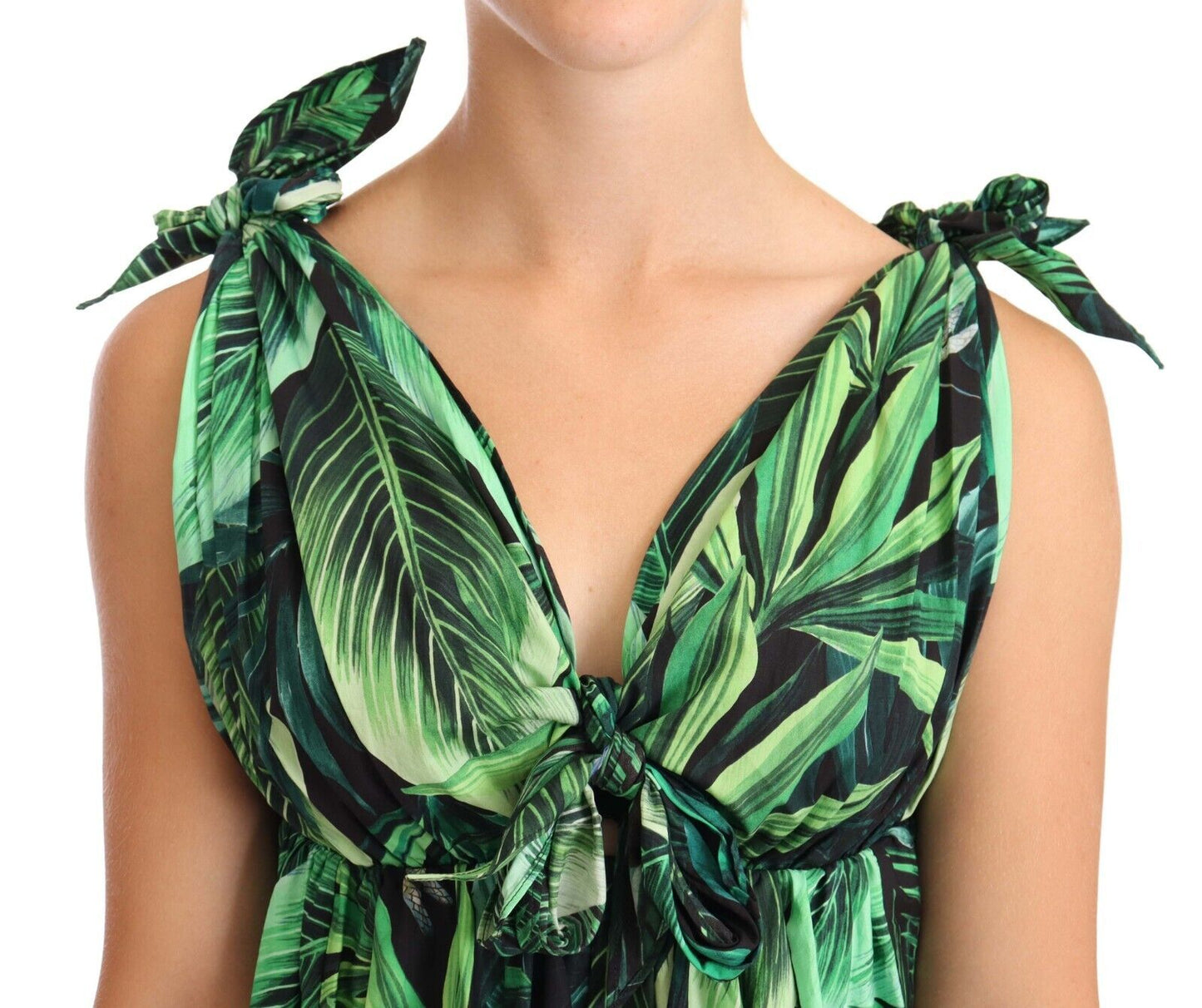 Dolce & Gabbana Elegant Flared Mini A-Line Dress in Green Leaf Print Dolce & Gabbana