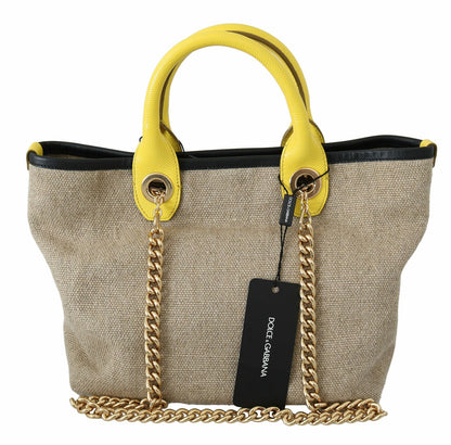 Dolce & Gabbana Beige Linen-Calf Tote with Gold Chain Dolce & Gabbana