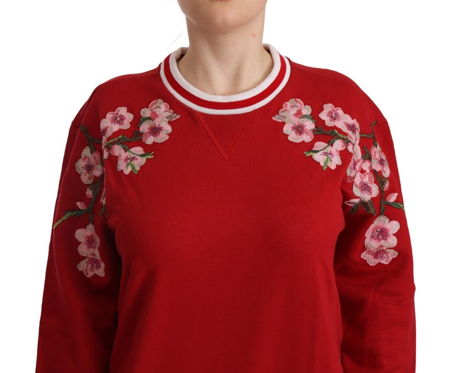 Dolce & Gabbana Elegant Red Crewneck Pullover with Floral Motif Dolce & Gabbana