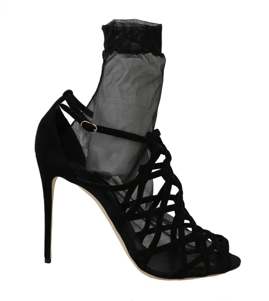 Dolce & Gabbana Black Suede Tulle Ankle Boot Sandals Dolce & Gabbana