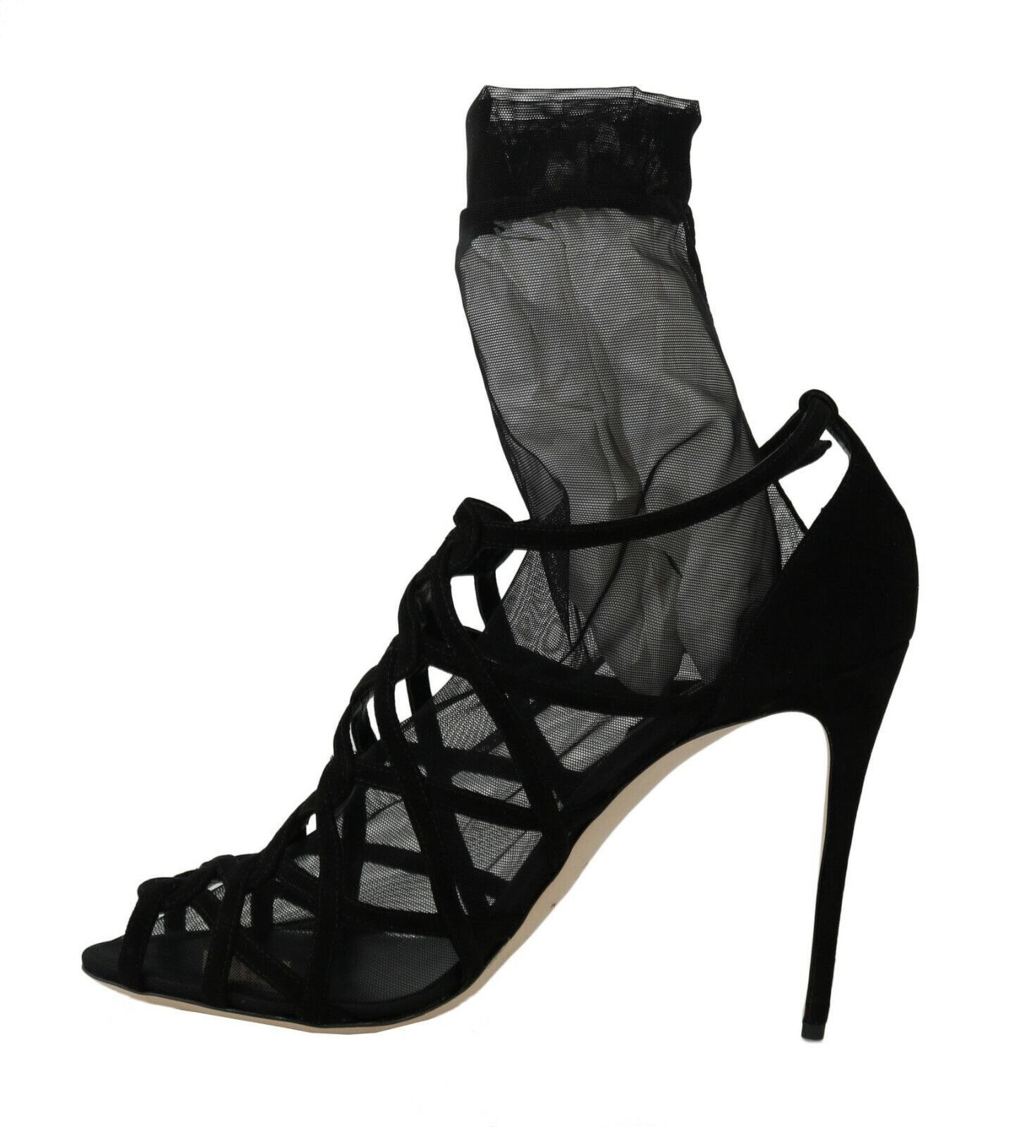 Dolce & Gabbana Black Suede Tulle Ankle Boot Sandals Dolce & Gabbana