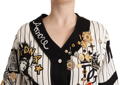 Dolce & Gabbana Elegant Striped V-Neck Blouse with Charms Dolce & Gabbana