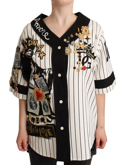 Dolce & Gabbana Elegant Striped V-Neck Blouse with Charms Dolce & Gabbana