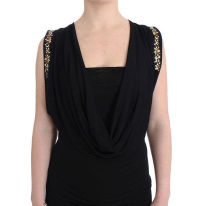 Roccobarocco Elegant Sleeveless Black Mini Dress with Gold Details Roccobarocco