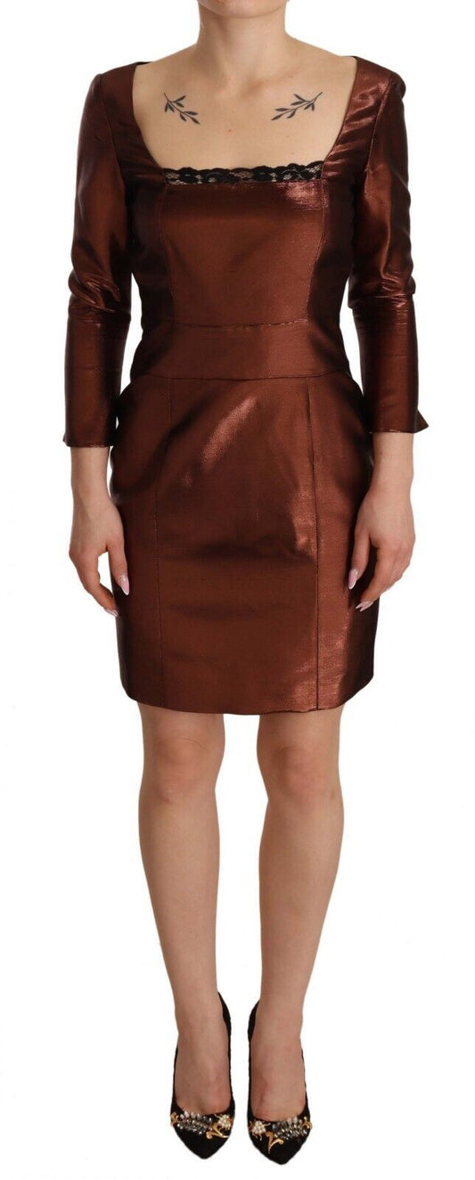 GF Ferre Elegant Bronze Sheath Mini Dress with Square Neck GF Ferre