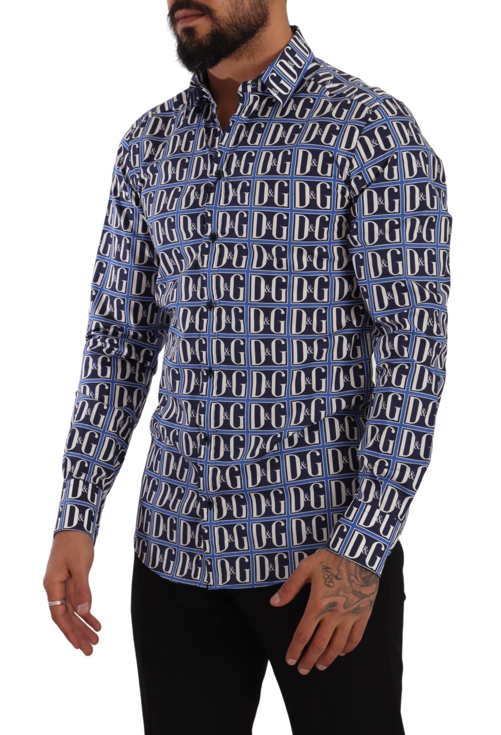 Dolce & Gabbana Slim Fit Blue Logo Cotton Shirt