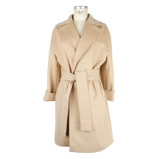 Made in Italy Elegant Beige Wool Coat with Waist Belt Made in Italy