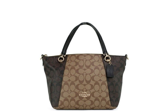 COACH Kacey Khaki Brown Blocked Signature Canvas Top Zip Satchel Handbag COACH