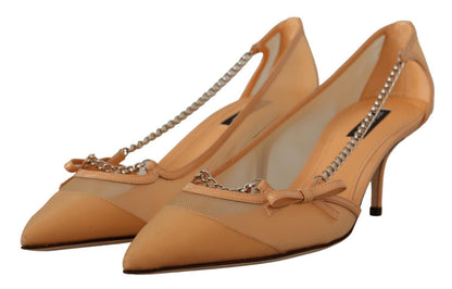 Dolce & Gabbana Elegant Beige Mesh Pumps with Silver Chains Dolce & Gabbana