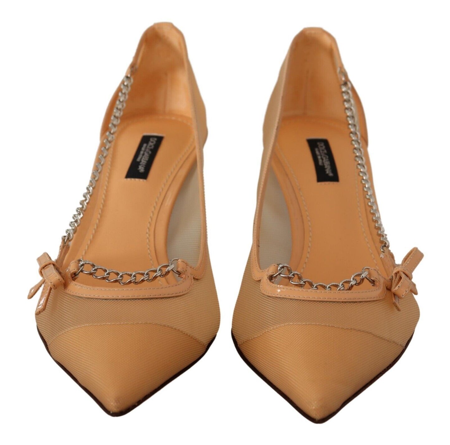 Dolce & Gabbana Elegant Beige Mesh Pumps with Silver Chains Dolce & Gabbana