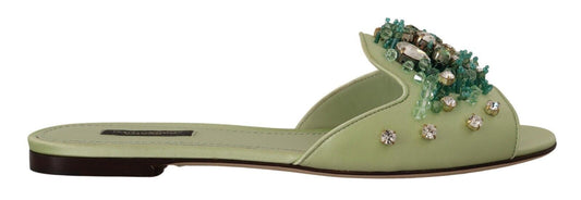 Dolce & Gabbana Elegant Crystal-Embellished Green Leather Slides Dolce & Gabbana