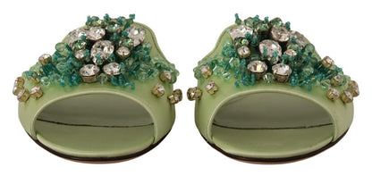 Dolce & Gabbana Elegant Crystal-Embellished Green Leather Slides Dolce & Gabbana