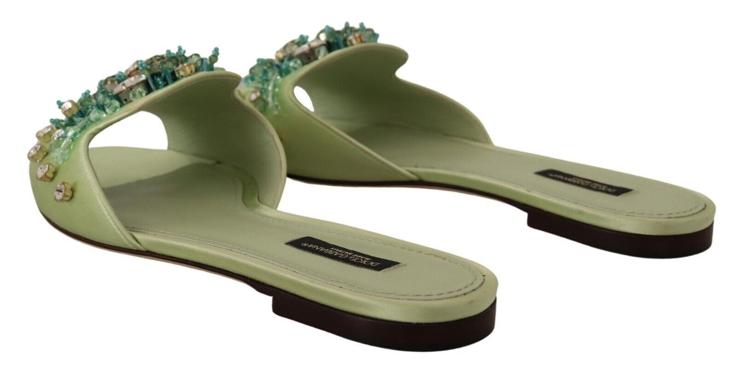 Dolce & Gabbana Elegant Crystal-Embellished Green Leather Slides Dolce & Gabbana