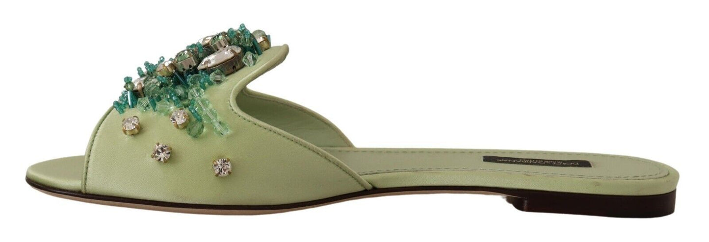 Dolce & Gabbana Elegant Crystal-Embellished Green Leather Slides Dolce & Gabbana