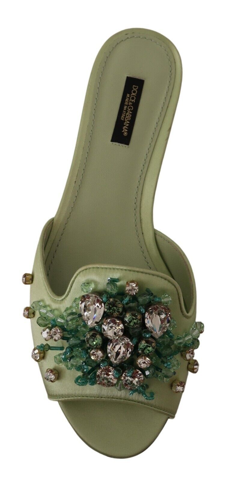 Dolce & Gabbana Elegant Crystal-Embellished Green Leather Slides Dolce & Gabbana