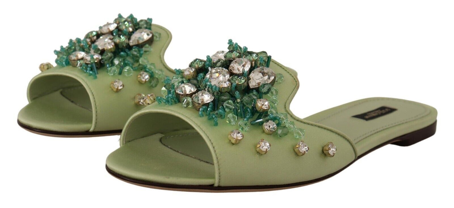 Dolce & Gabbana Elegant Crystal-Embellished Green Leather Slides Dolce & Gabbana