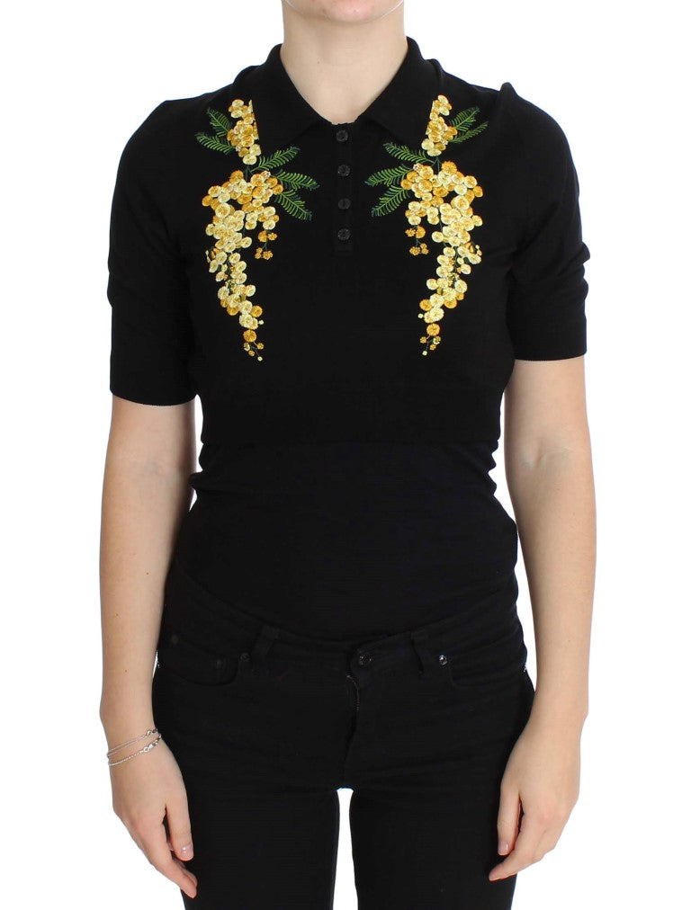 Dolce & Gabbana Elegant Black Silk Floral Polo Top Dolce & Gabbana