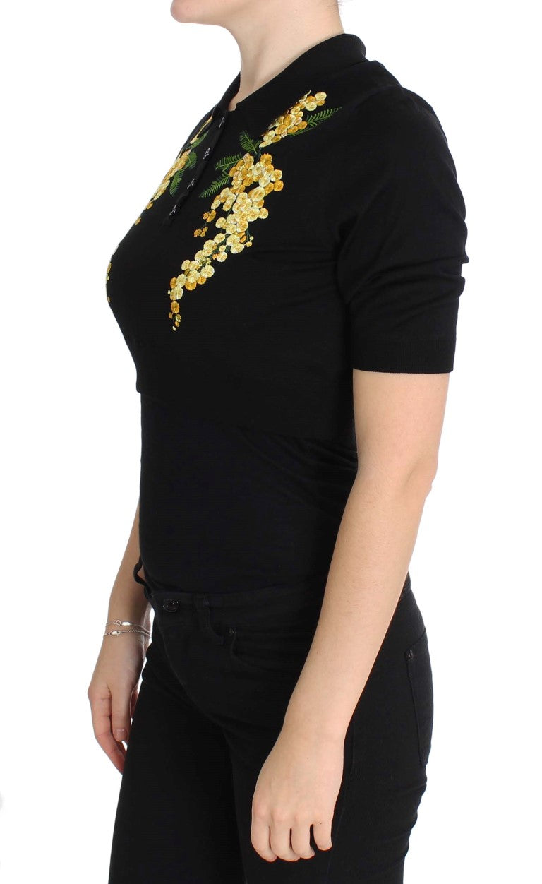 Dolce & Gabbana Elegant Black Silk Floral Polo Top Dolce & Gabbana